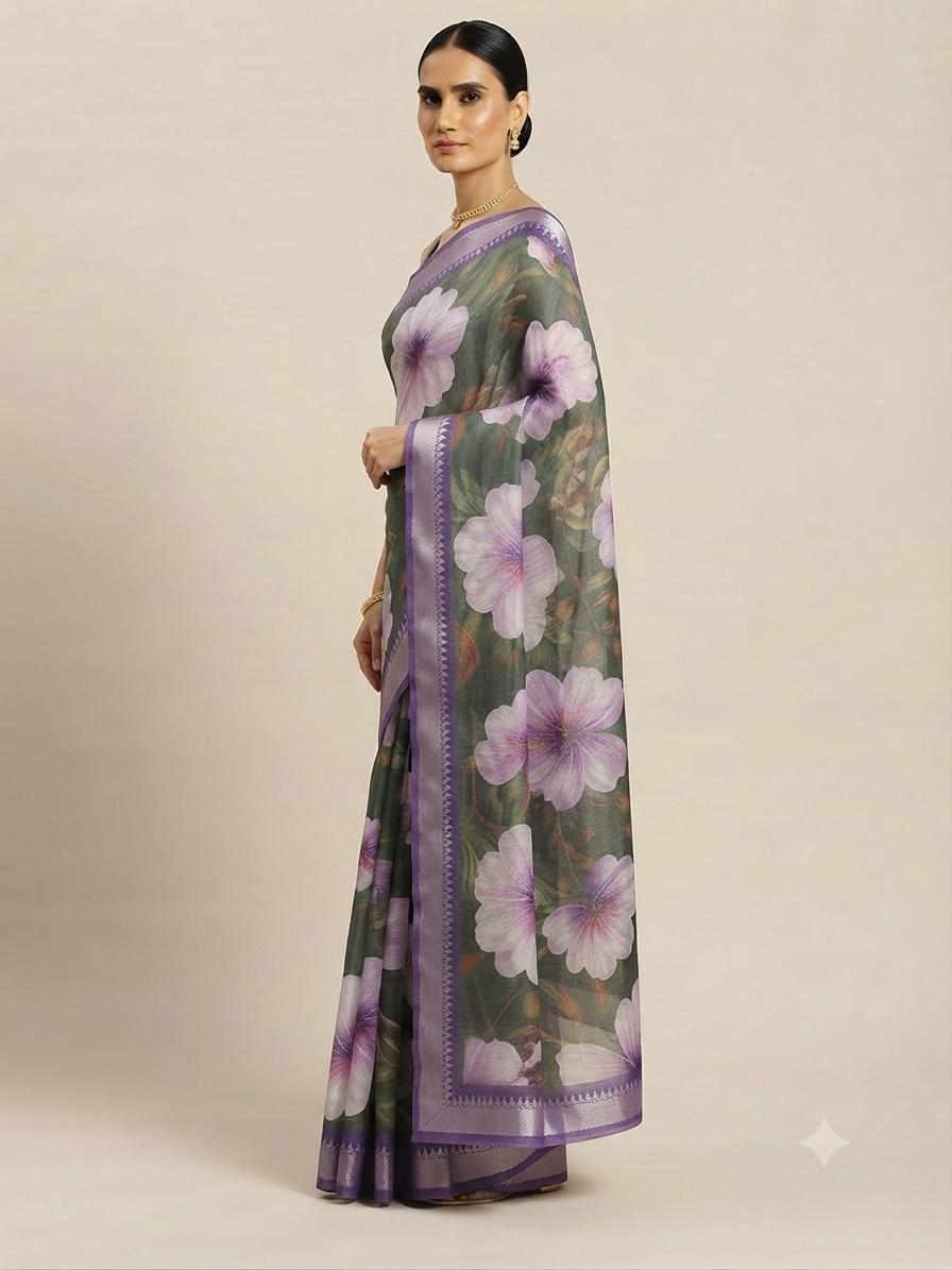Sage Green Purple Floral Saree