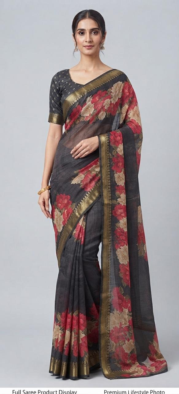 Charcoal Crimson Bloom Saree