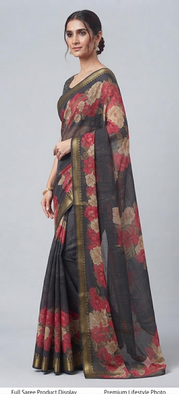 Charcoal Crimson Bloom Saree