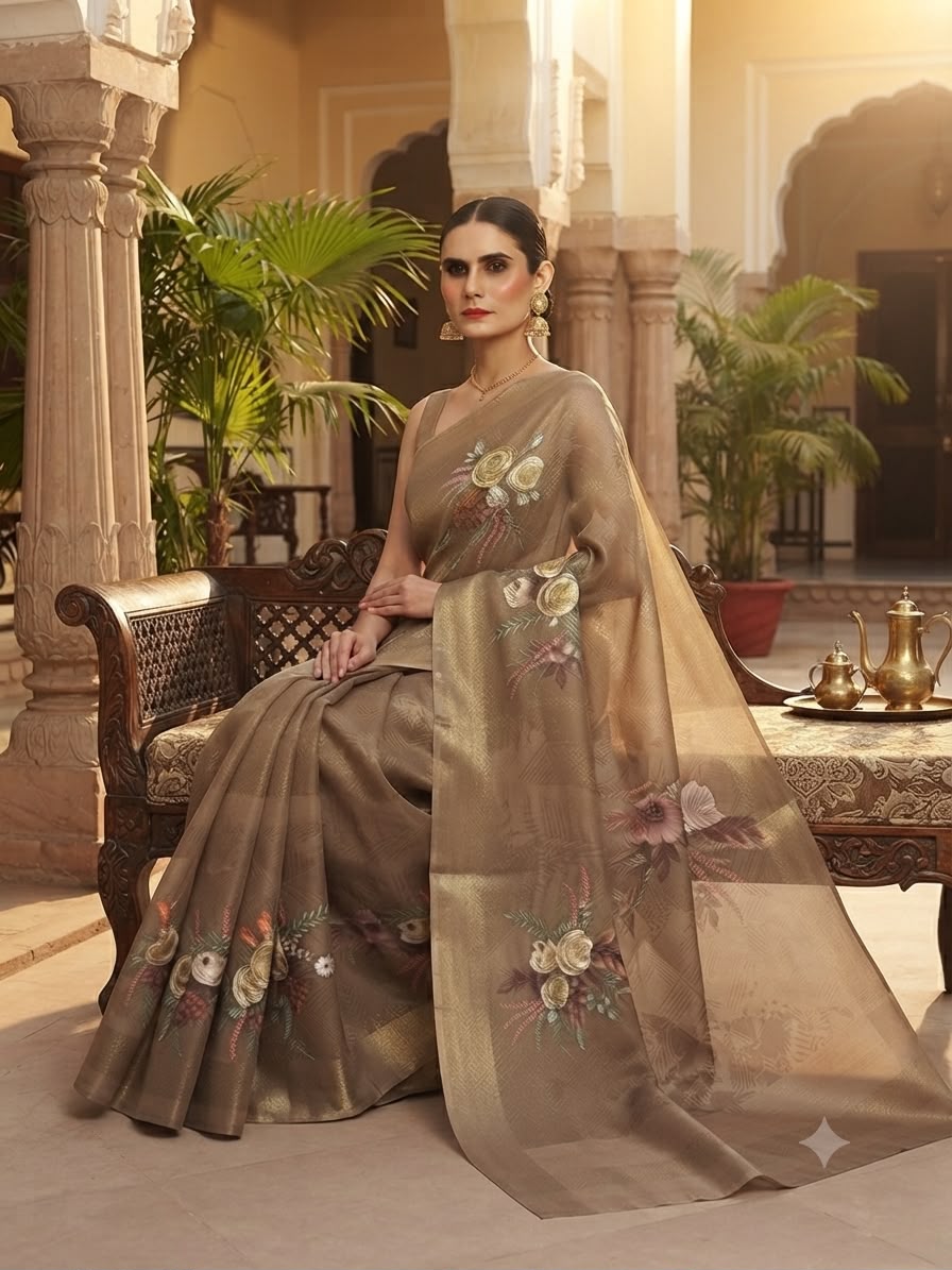 Mocha Floral Embroidered Organza Saree