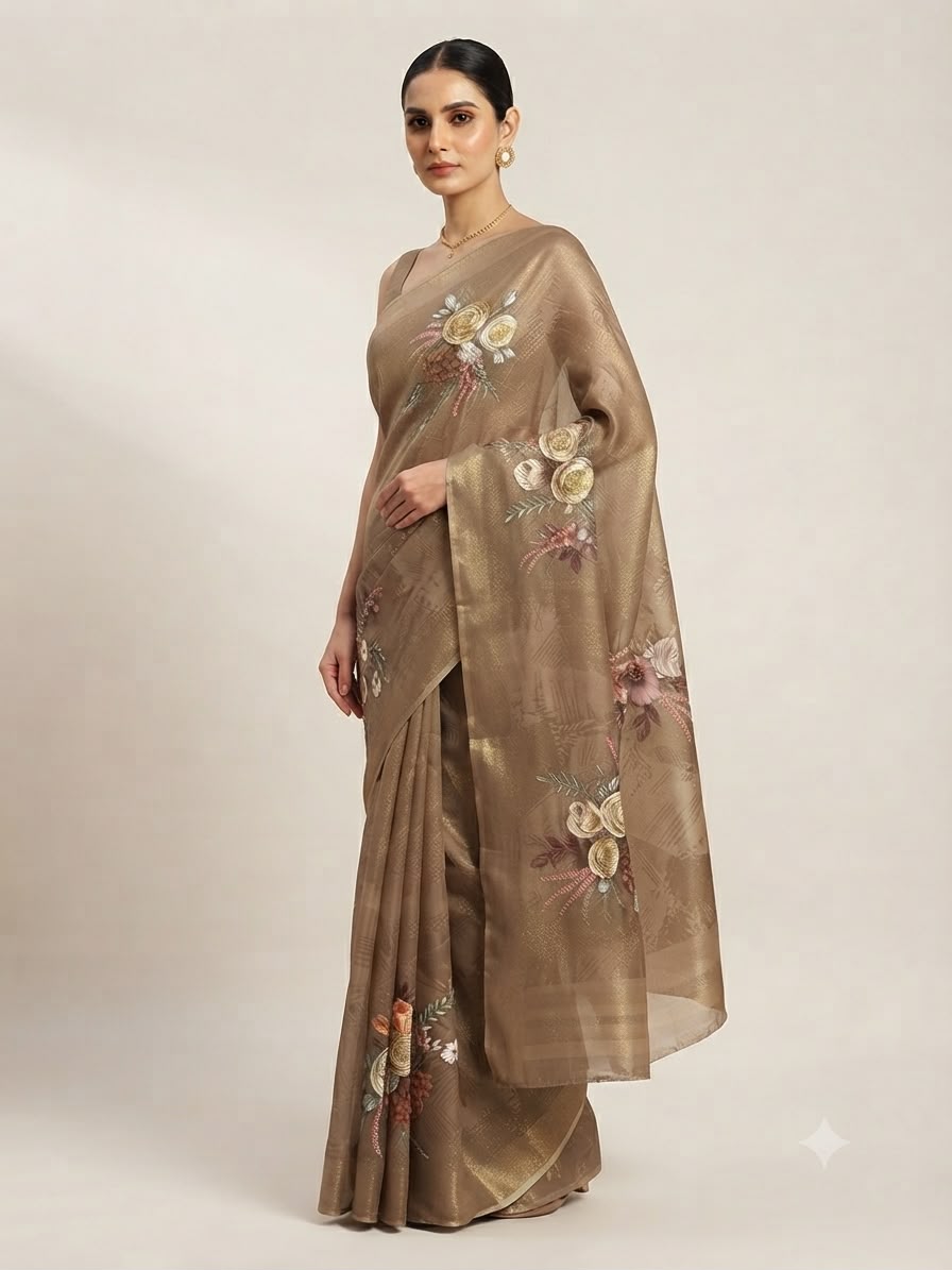 Mocha Floral Embroidered Organza Saree