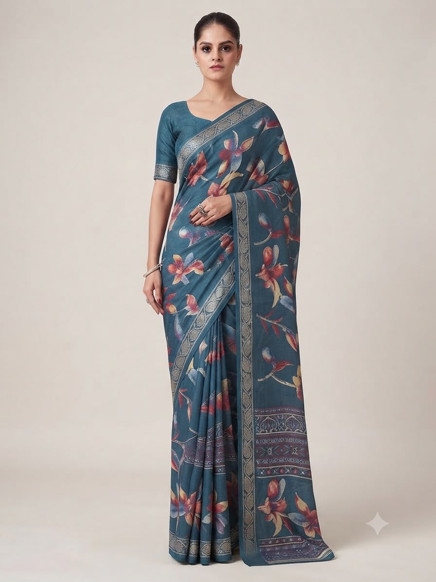Teal Blossom Grace Saree