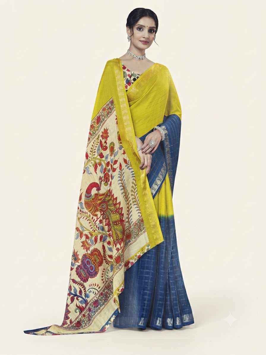 Mustard Kalamkari Saree