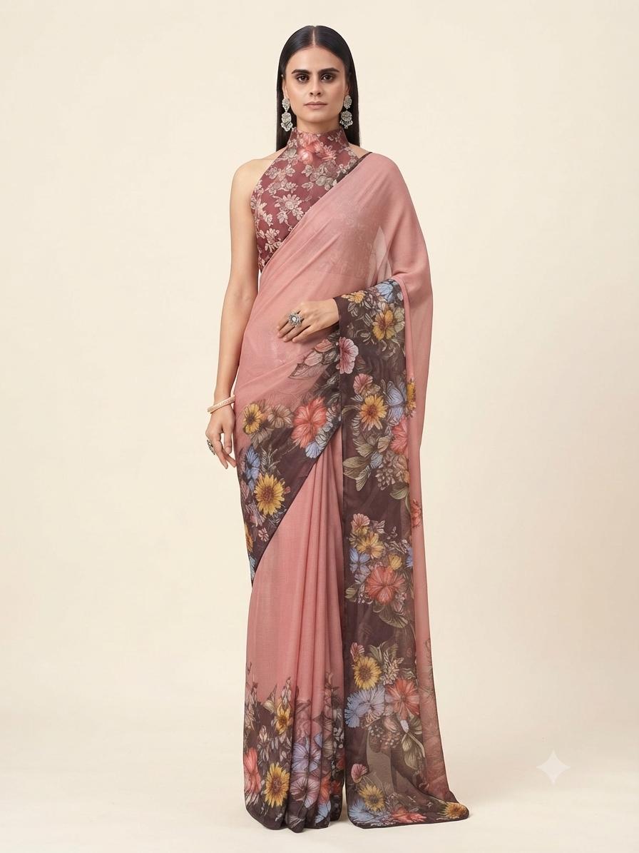 Blush Pink Floral Printed Saree