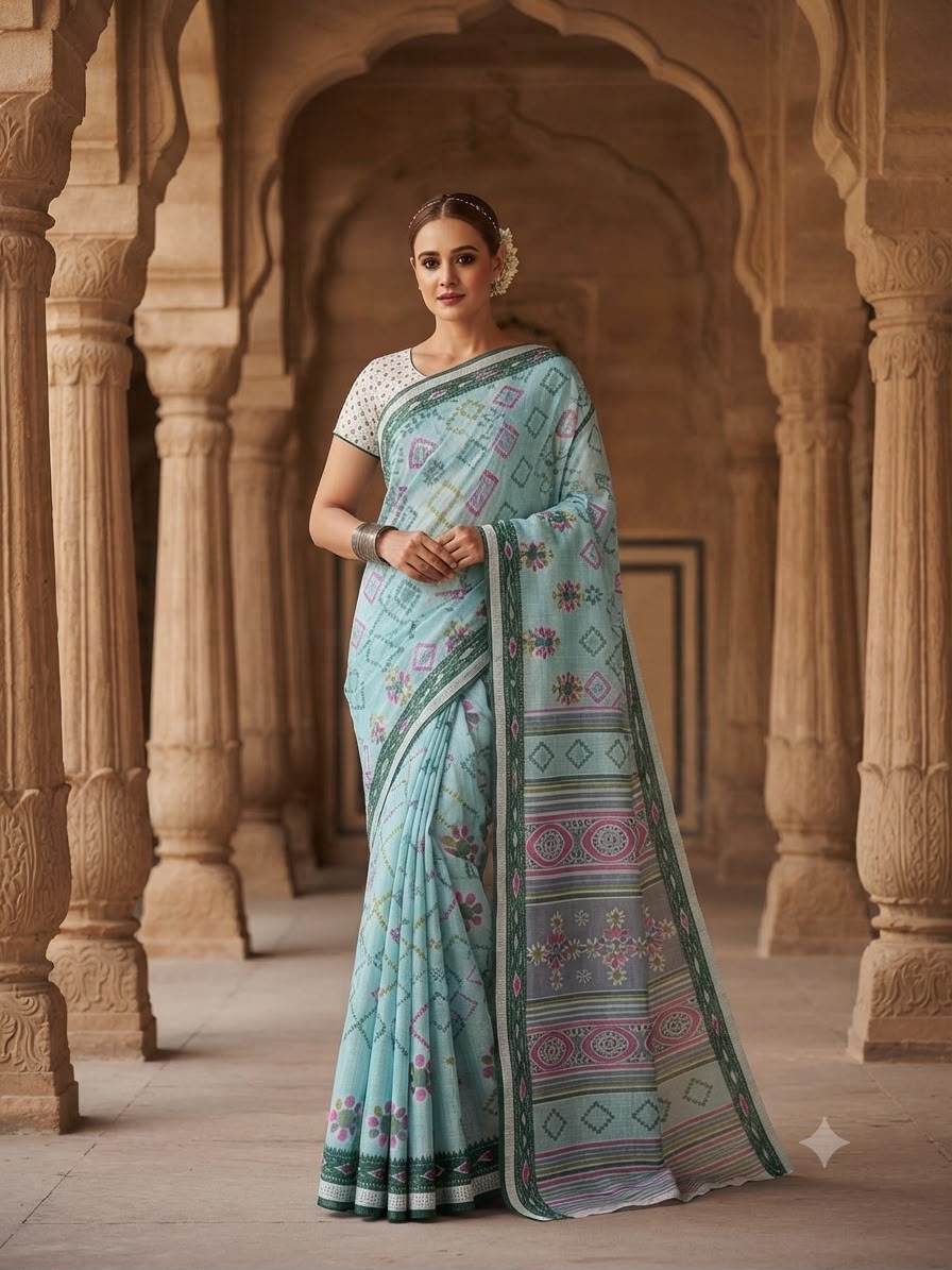 Pastel Blue Floral Printed Saree