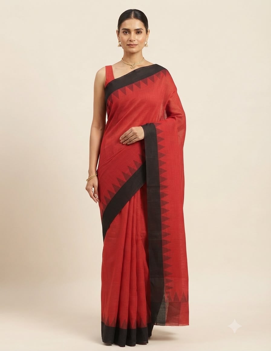 Red & Black Geometric Cotton Saree